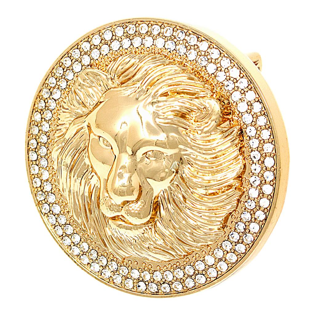 QHA Unisex Gold Lion Head Round Belt Buckle with Crystal Border Fits 38mm B15