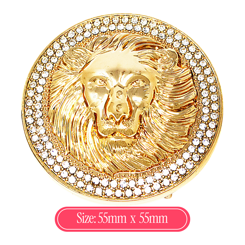 QHA Unisex Gold Lion Head Round Belt Buckle with Crystal Border Fits 38mm B15