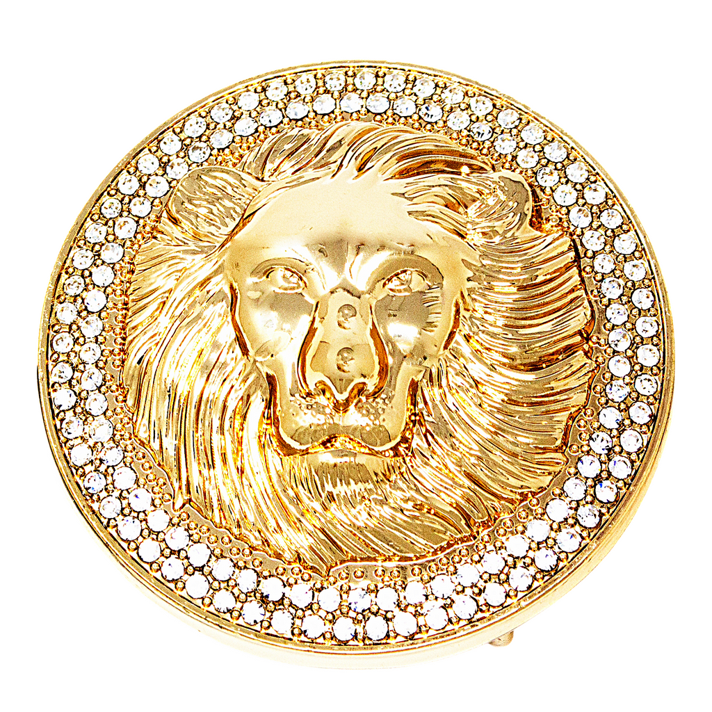 QHA Unisex Gold Lion Head Round Belt Buckle with Crystal Border Fits 38mm B15