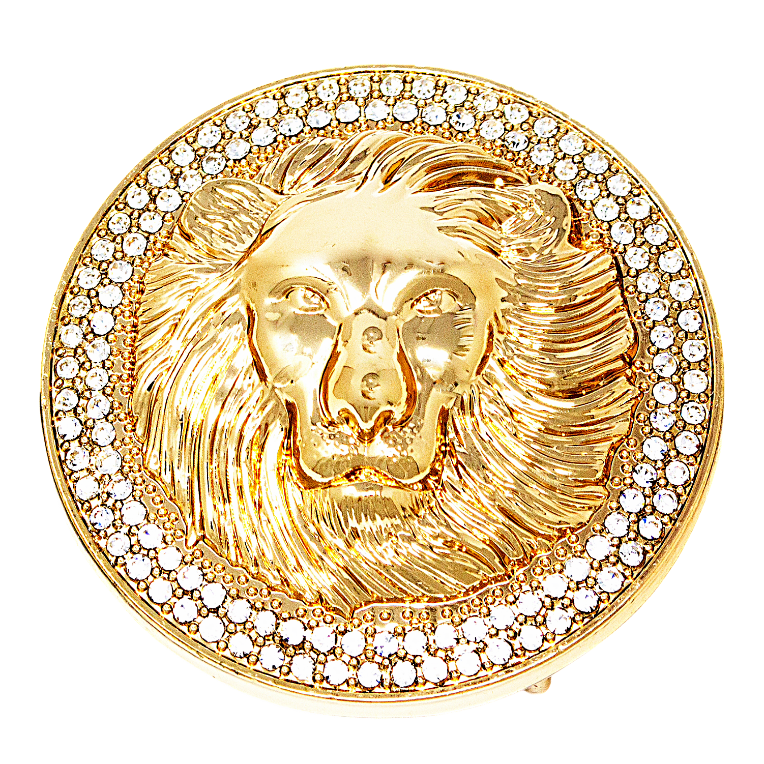QHA Unisex Gold Lion Head Round Belt Buckle with Crystal Border Fits 38mm B15