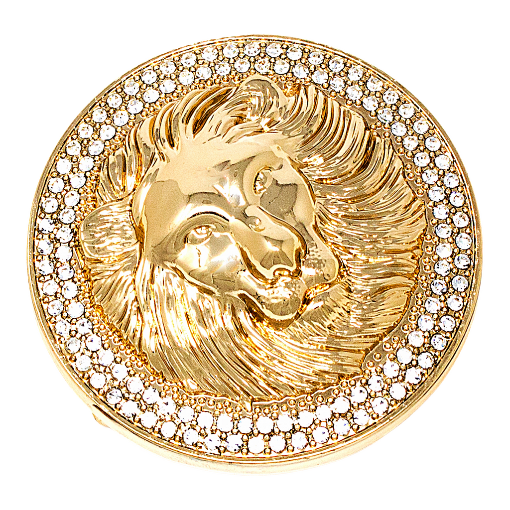 QHA Unisex Gold Lion Head Round Belt Buckle with Crystal Border Fits 38mm B15