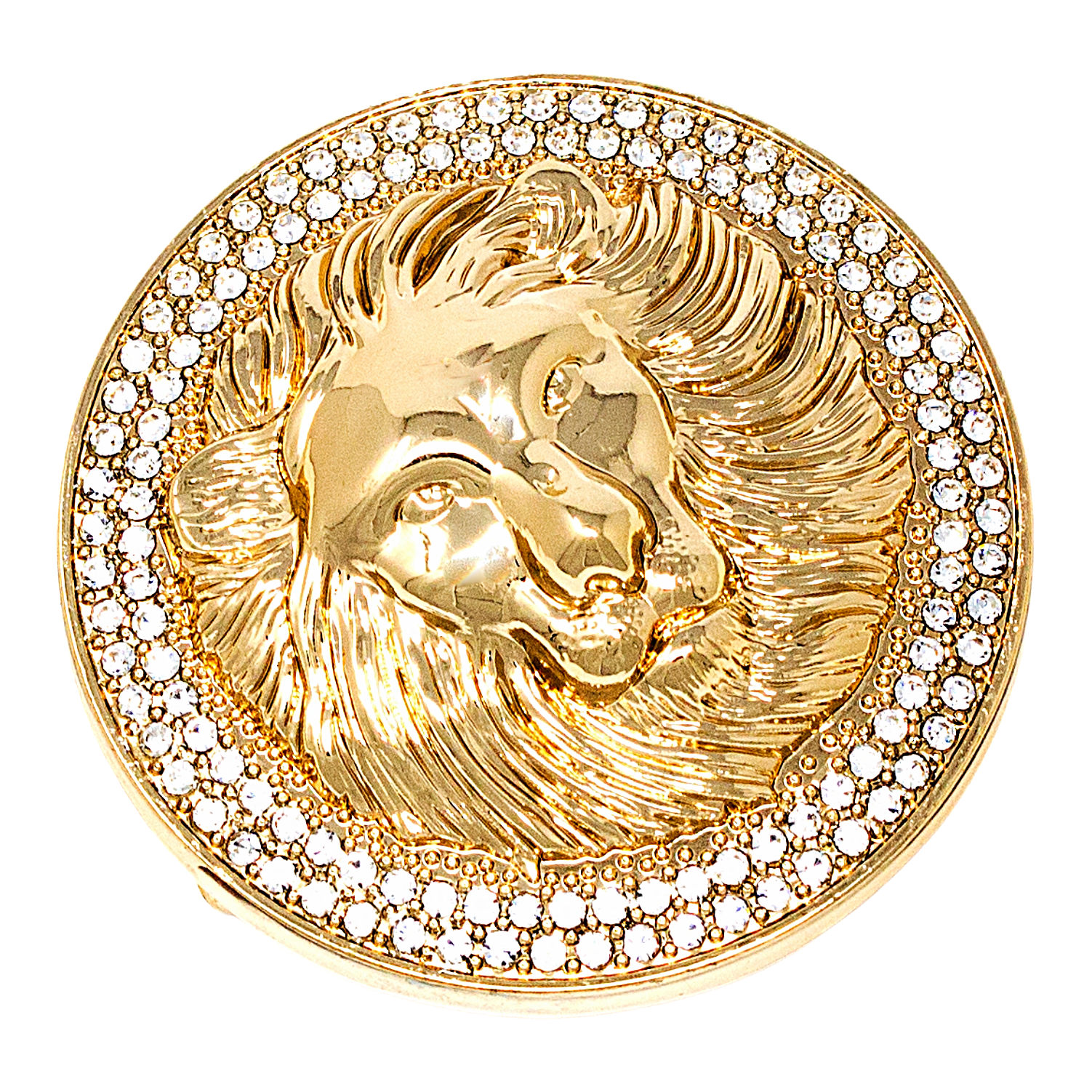 QHA Unisex Gold Lion Head Round Belt Buckle with Crystal Border Fits 38mm B15