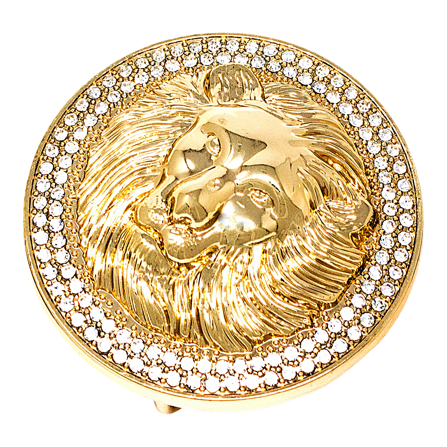 QHA Unisex Gold Lion Head Round Belt Buckle with Crystal Border Fits 38mm B15