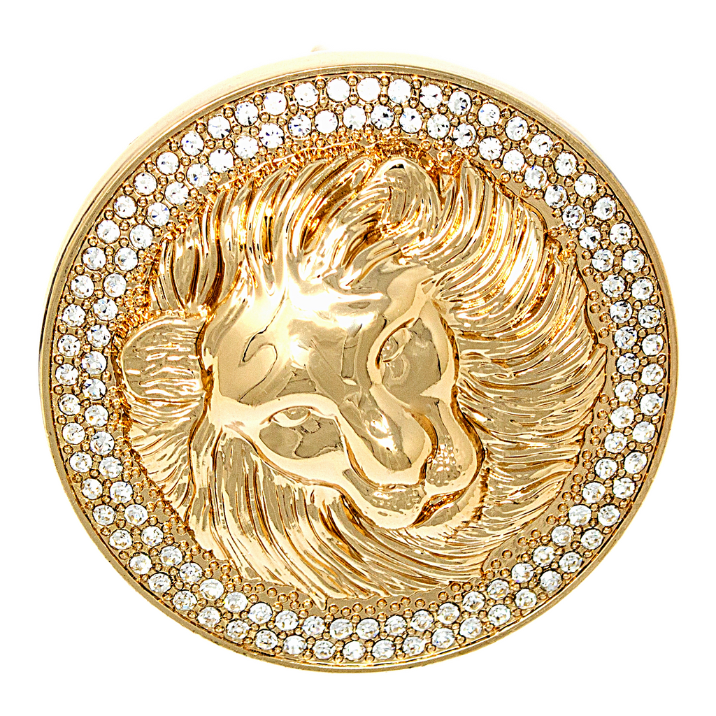 QHA Unisex Gold Lion Head Round Belt Buckle with Crystal Border Fits 38mm B15