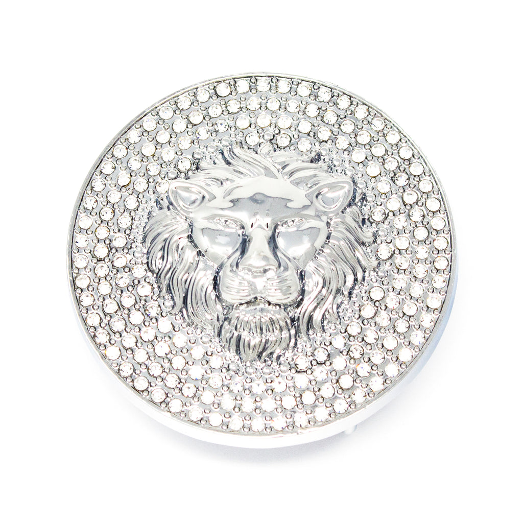 QHA Silver Lion Head Round Belt Buckle, Full Crystal Background Fits 38mm B18