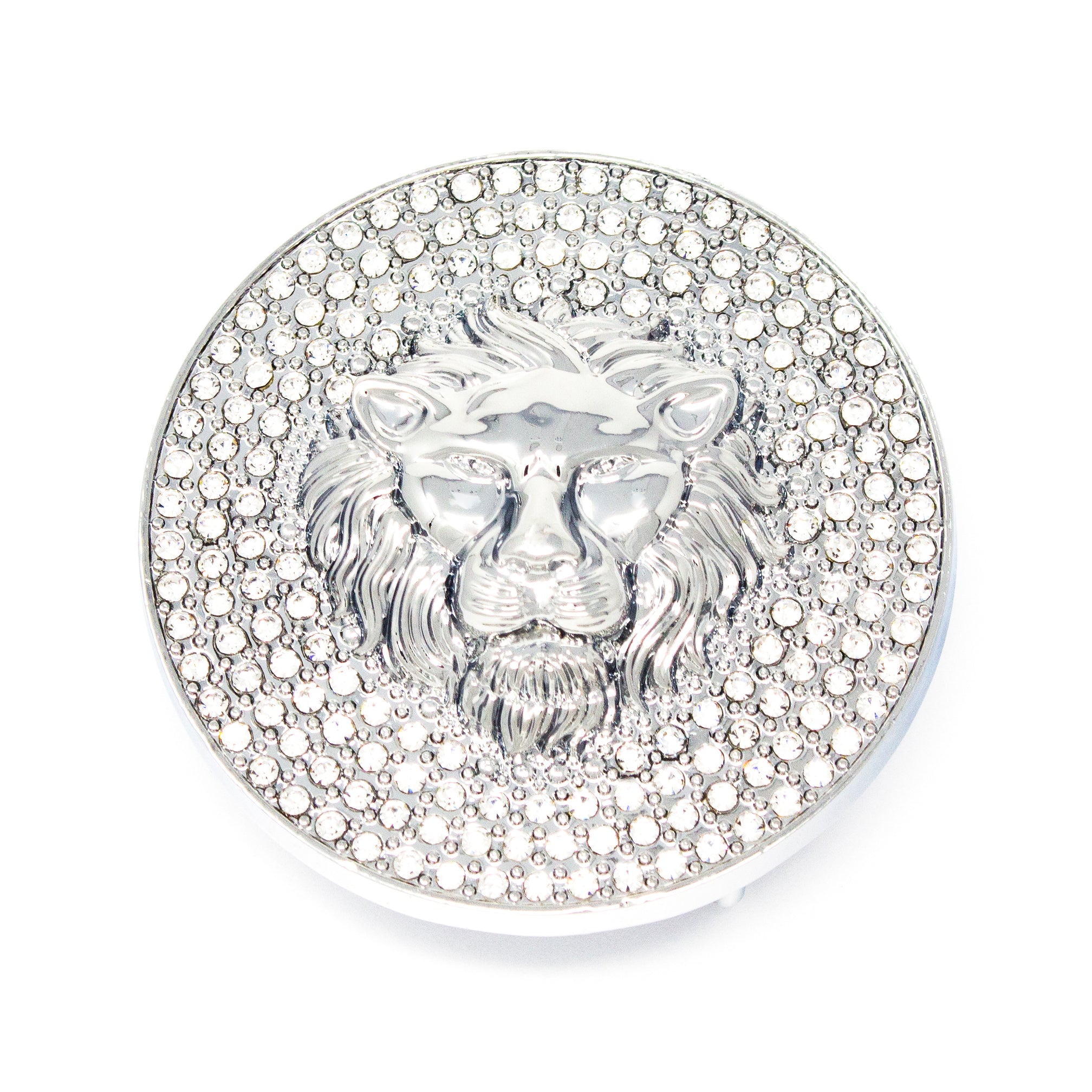 QHA Silver Lion Head Round Belt Buckle, Full Crystal Background Fits 38mm B18