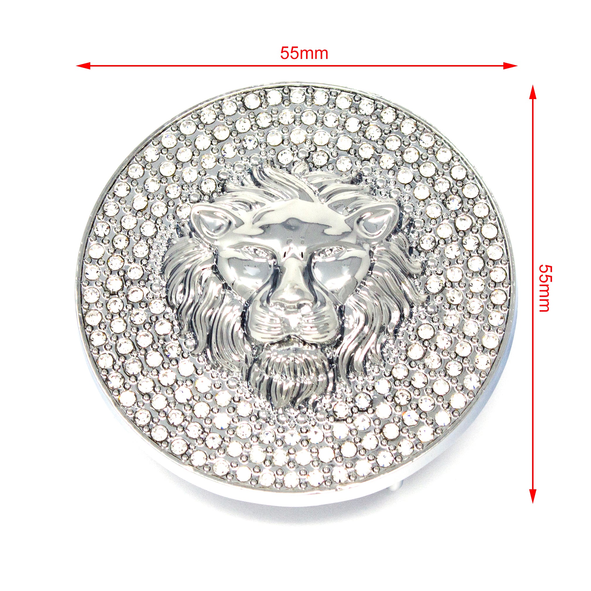QHA Silver Lion Head Round Belt Buckle, Full Crystal Background Fits 38mm B18