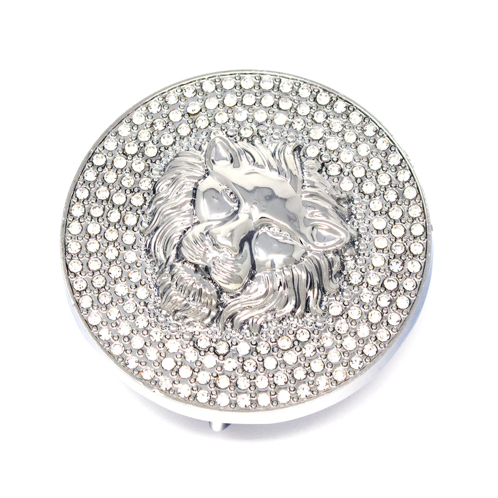 QHA Silver Lion Head Round Belt Buckle, Full Crystal Background Fits 38mm B18