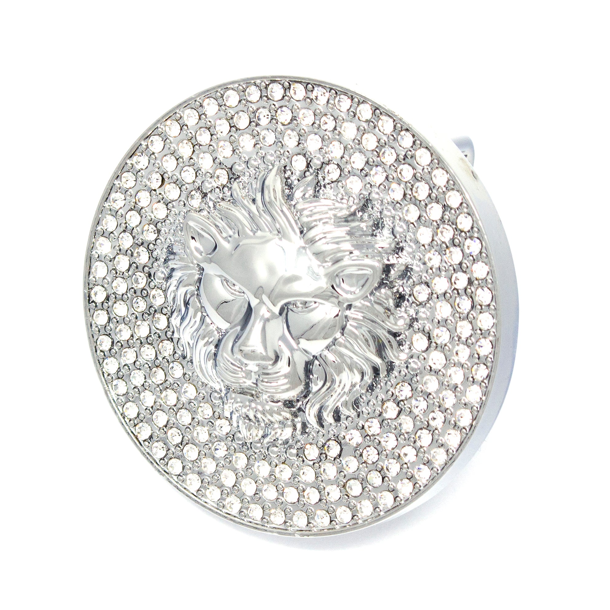 QHA Silver Lion Head Round Belt Buckle, Full Crystal Background Fits 38mm B18
