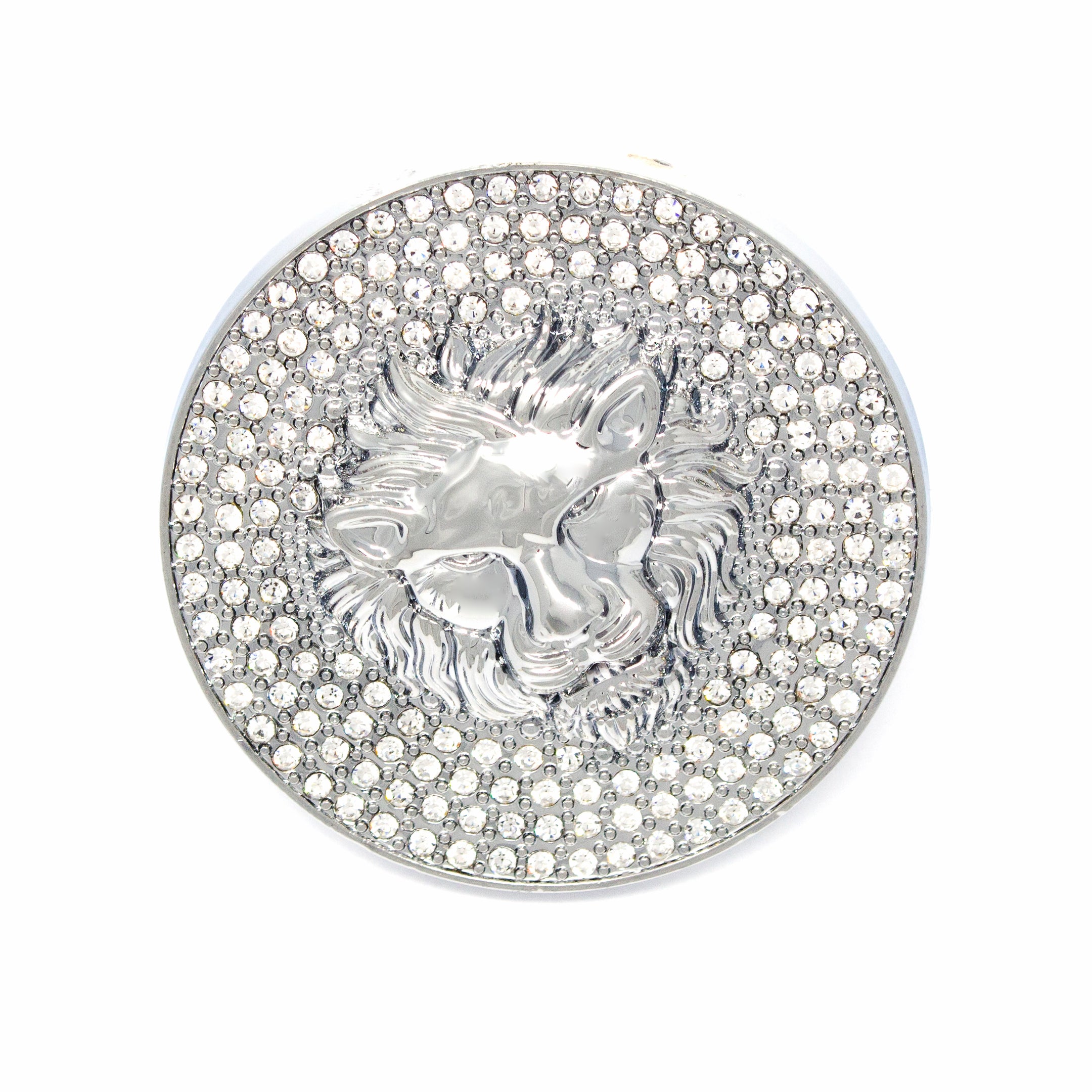 QHA Silver Lion Head Round Belt Buckle, Full Crystal Background Fits 38mm B18