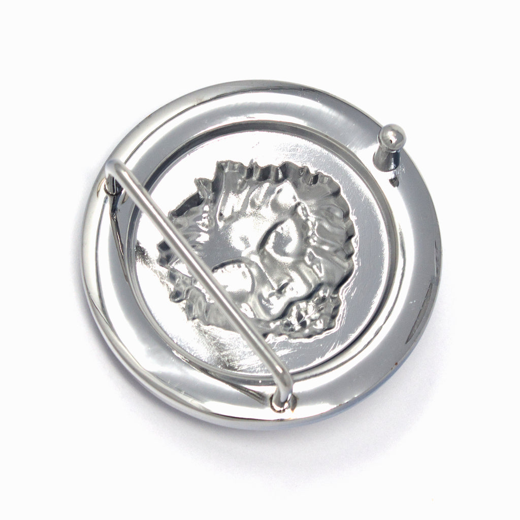 QHA Silver Lion Head Round Belt Buckle, Full Crystal Background Fits 38mm B18