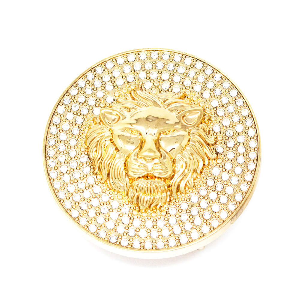 QHA Gold Lion Head Round Belt Buckle, Full Crystal Background Fits 38mm B19
