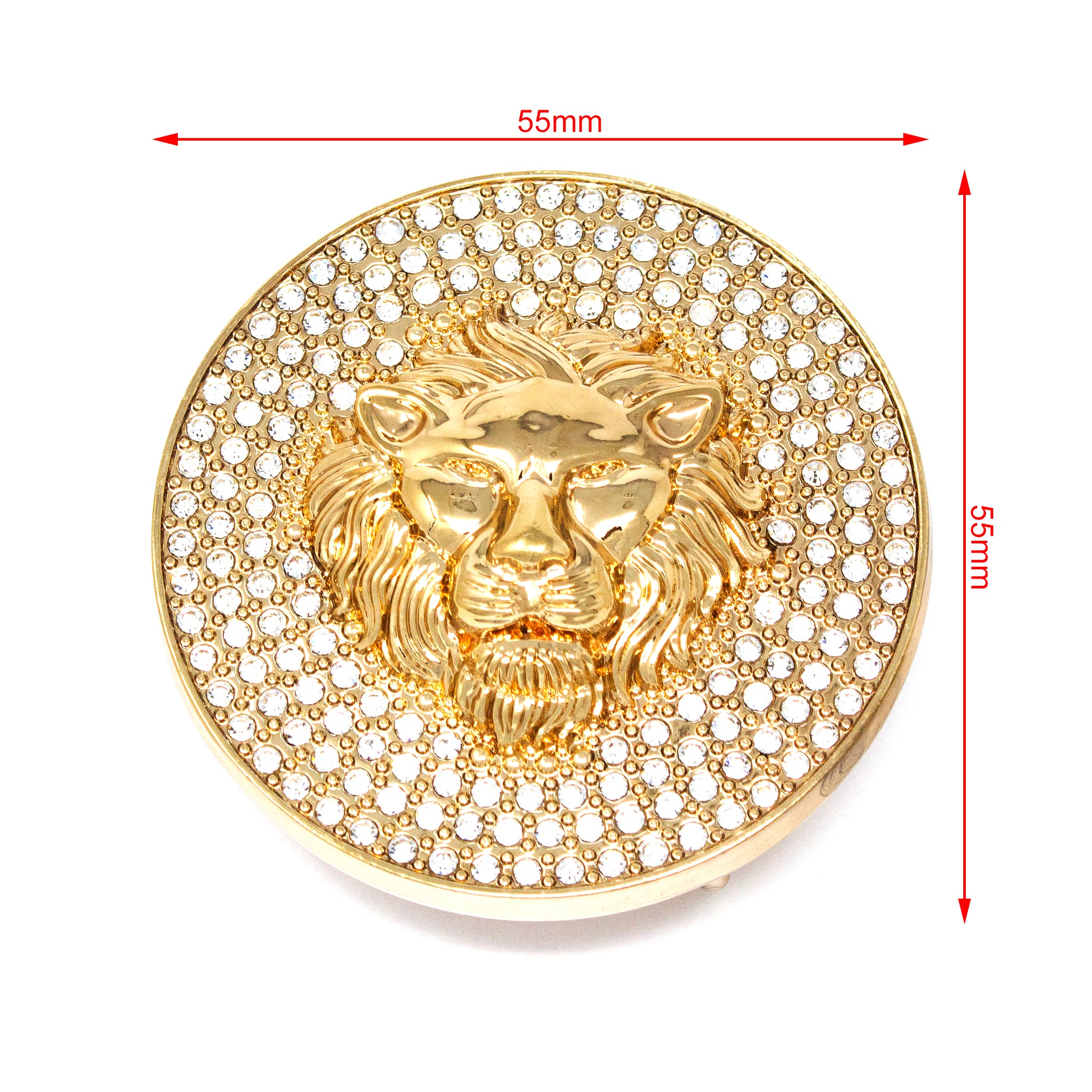 QHA Gold Lion Head Round Belt Buckle, Full Crystal Background Fits 38mm B19