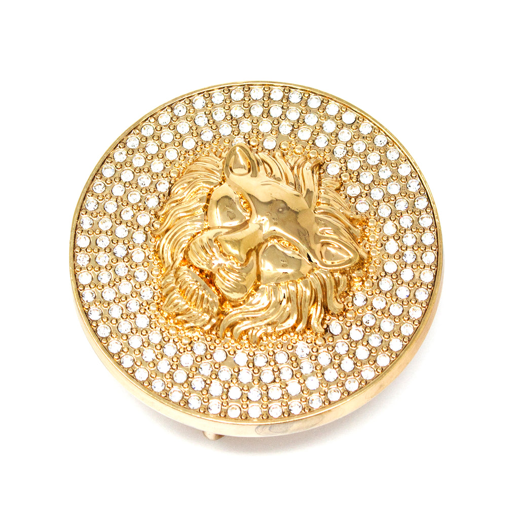 QHA Gold Lion Head Round Belt Buckle, Full Crystal Background Fits 38mm B19