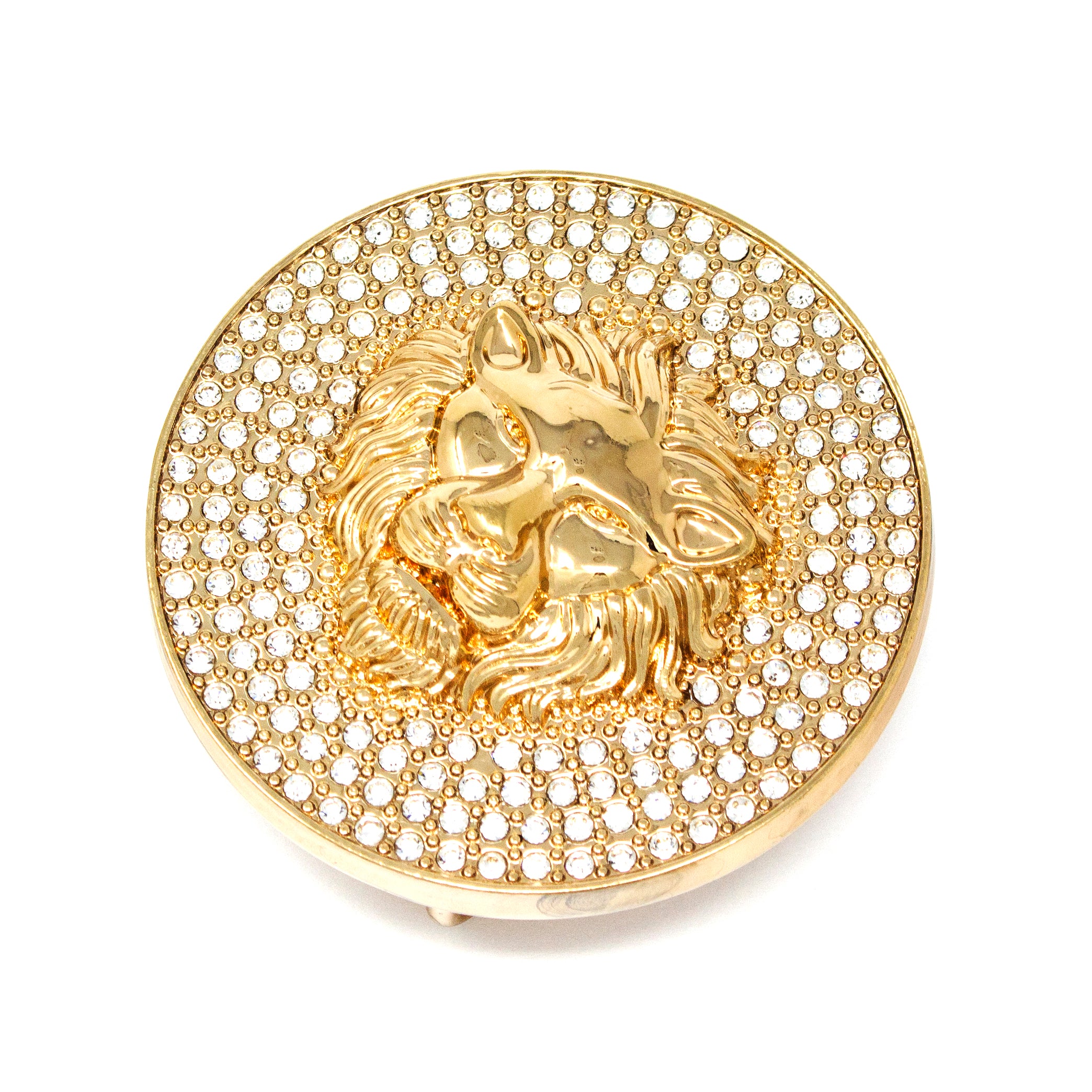 QHA Gold Lion Head Round Belt Buckle, Full Crystal Background Fits 38mm B19