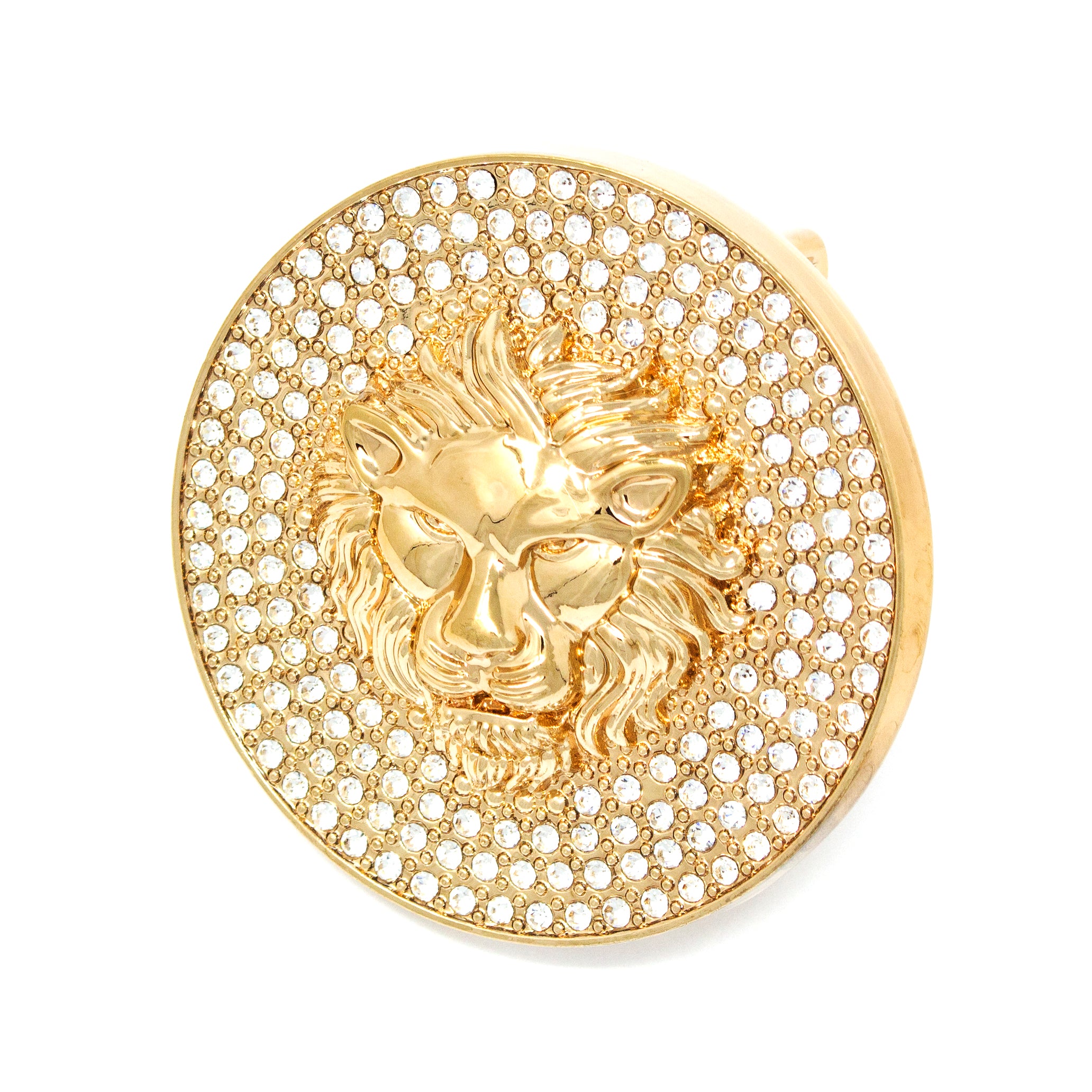 QHA Gold Lion Head Round Belt Buckle, Full Crystal Background Fits 38mm B19