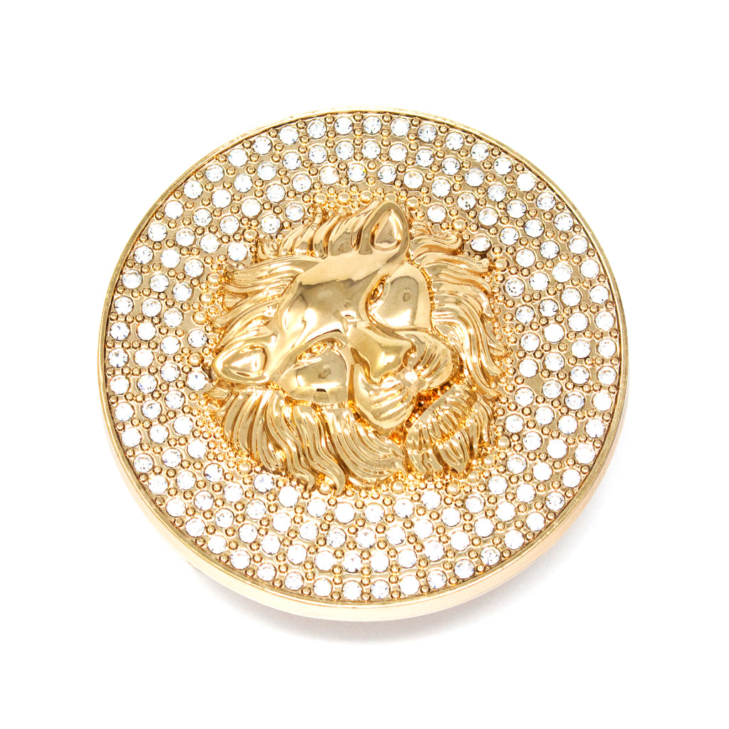 QHA Gold Lion Head Round Belt Buckle, Full Crystal Background Fits 38mm B19