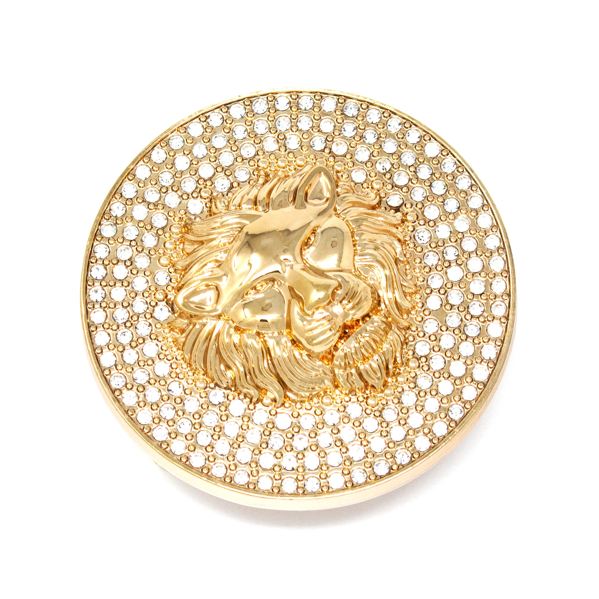 QHA Gold Lion Head Round Belt Buckle, Full Crystal Background Fits 38mm B19