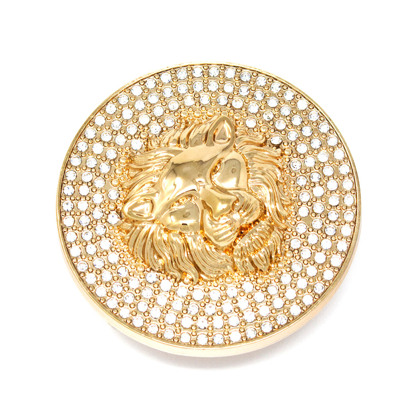 QHA Gold Lion Head Round Belt Buckle, Full Crystal Background Fits 38mm B19 - QHA UK