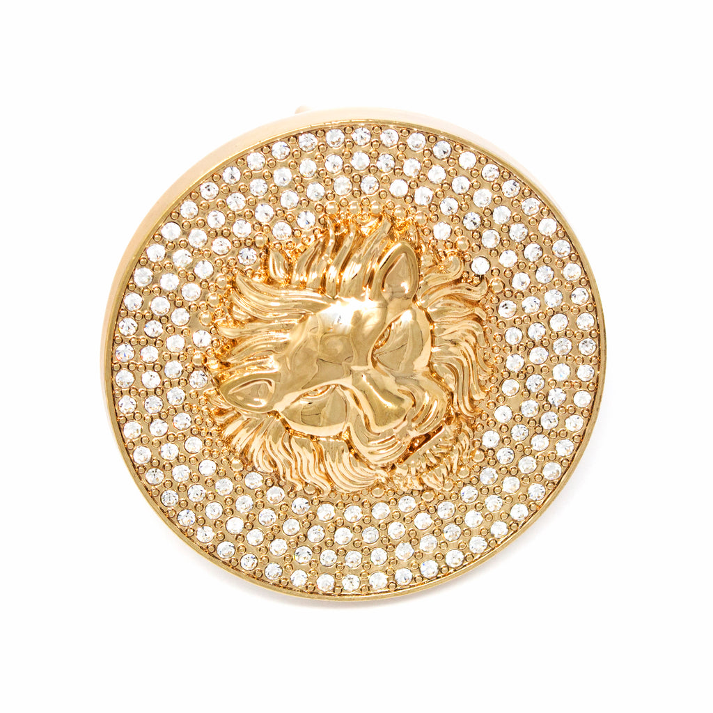 QHA Gold Lion Head Round Belt Buckle, Full Crystal Background Fits 38mm B19