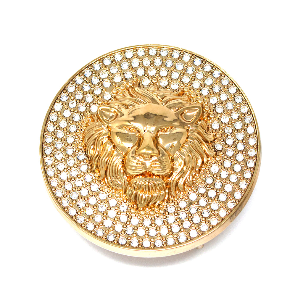 QHA Gold Lion Head Round Belt Buckle, Full Crystal Background Fits 38mm B19