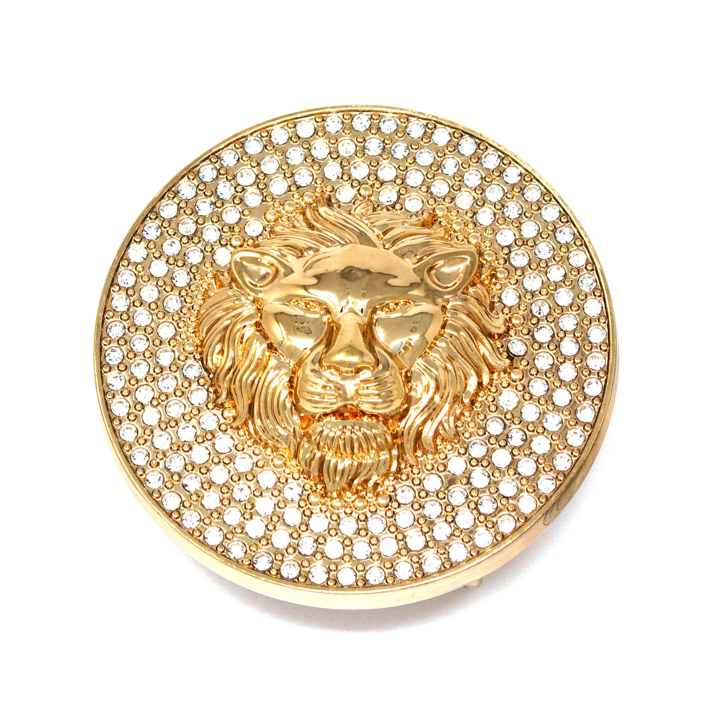 QHA Gold Lion Head Round Belt Buckle, Full Crystal Background Fits 38mm B19 - QHA UK