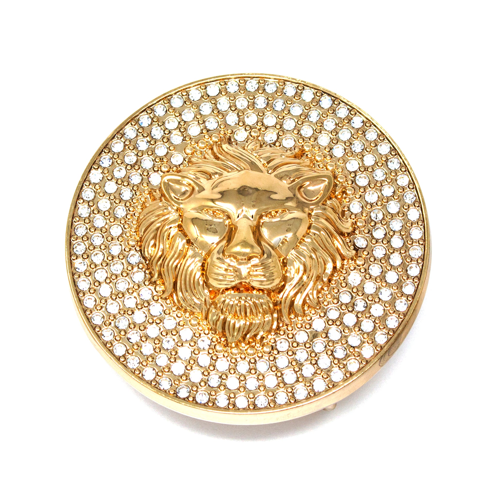 QHA Gold Lion Head Round Belt Buckle, Full Crystal Background Fits 38mm B19