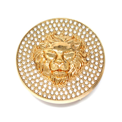 QHA Gold Lion Head Round Belt Buckle, Full Crystal Background Fits 38mm B19 - QHA UK