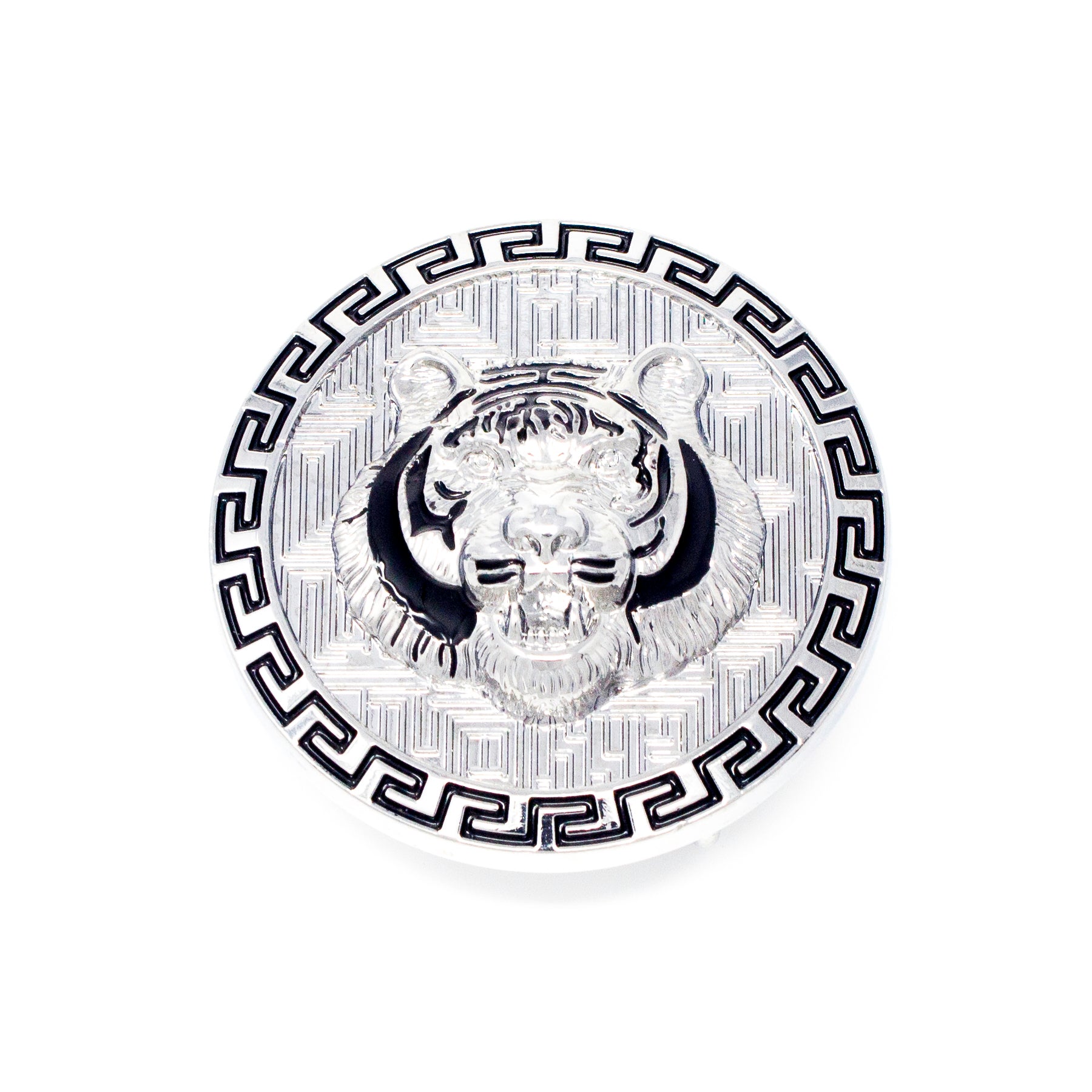 QHA Silver Tiger Head Round Belt Buckle, Black Greek Key Border Fits 38mm B20