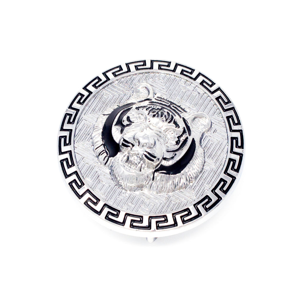 QHA Silver Tiger Head Round Belt Buckle, Black Greek Key Border Fits 38mm B20