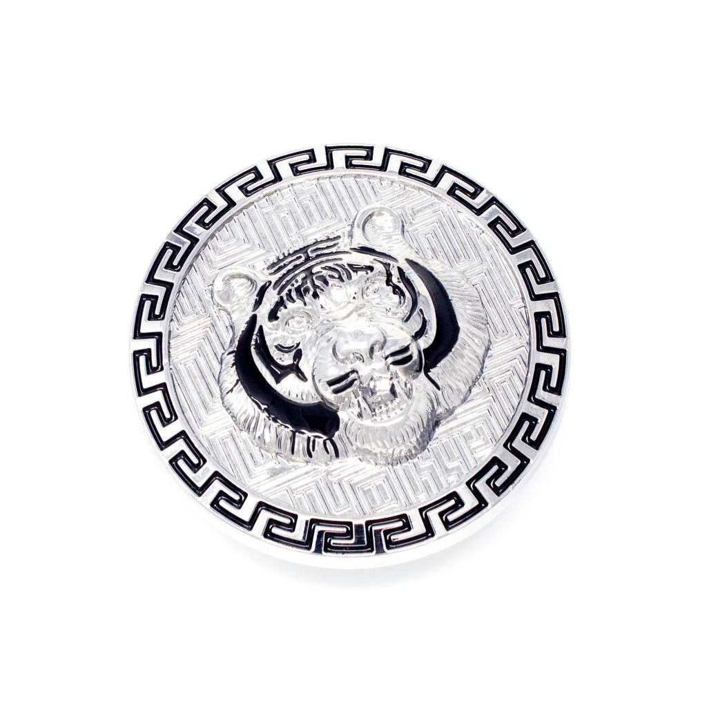 QHA Silver Tiger Head Round Belt Buckle, Black Greek Key Border Fits 38mm B20