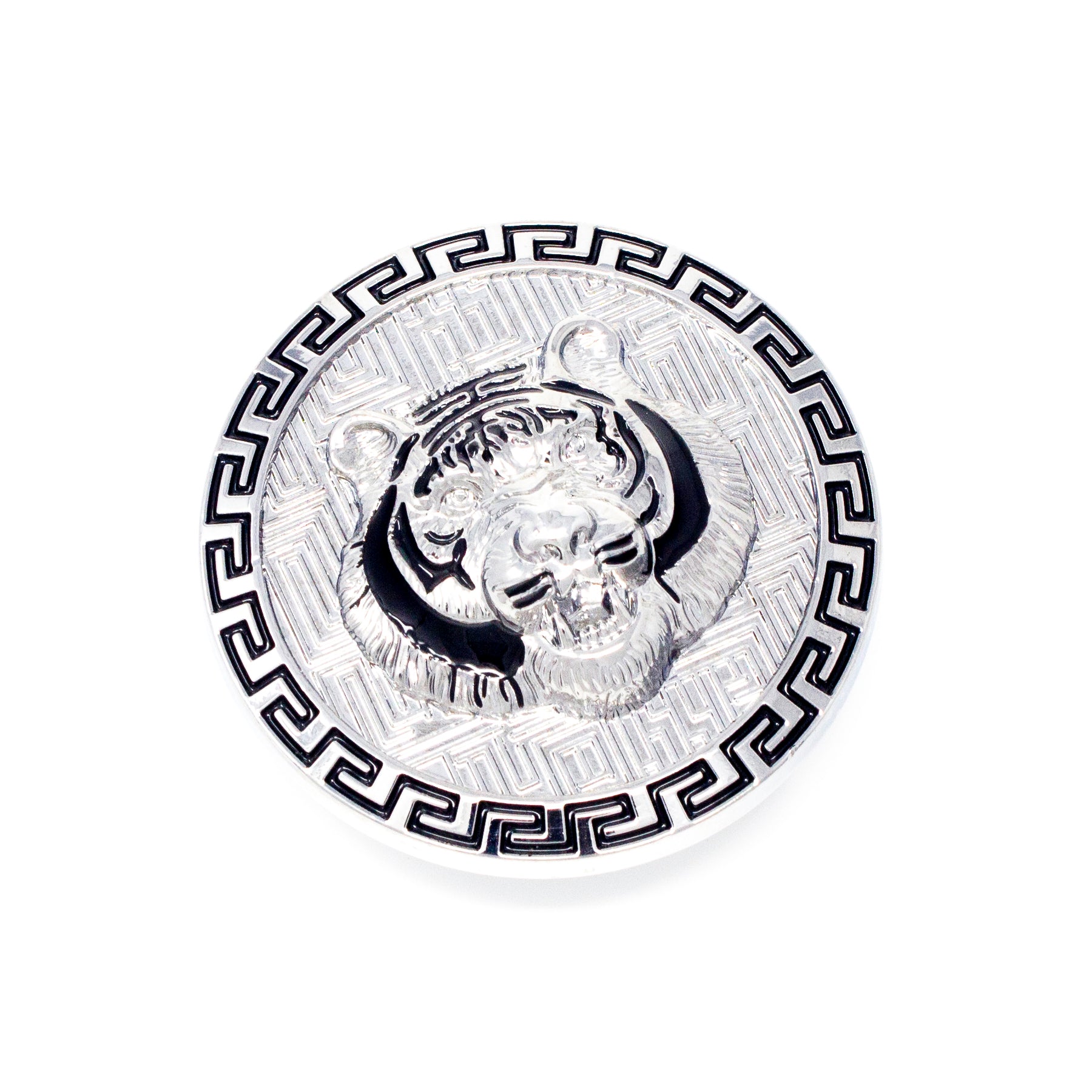 QHA Silver Tiger Head Round Belt Buckle, Black Greek Key Border Fits 38mm B20