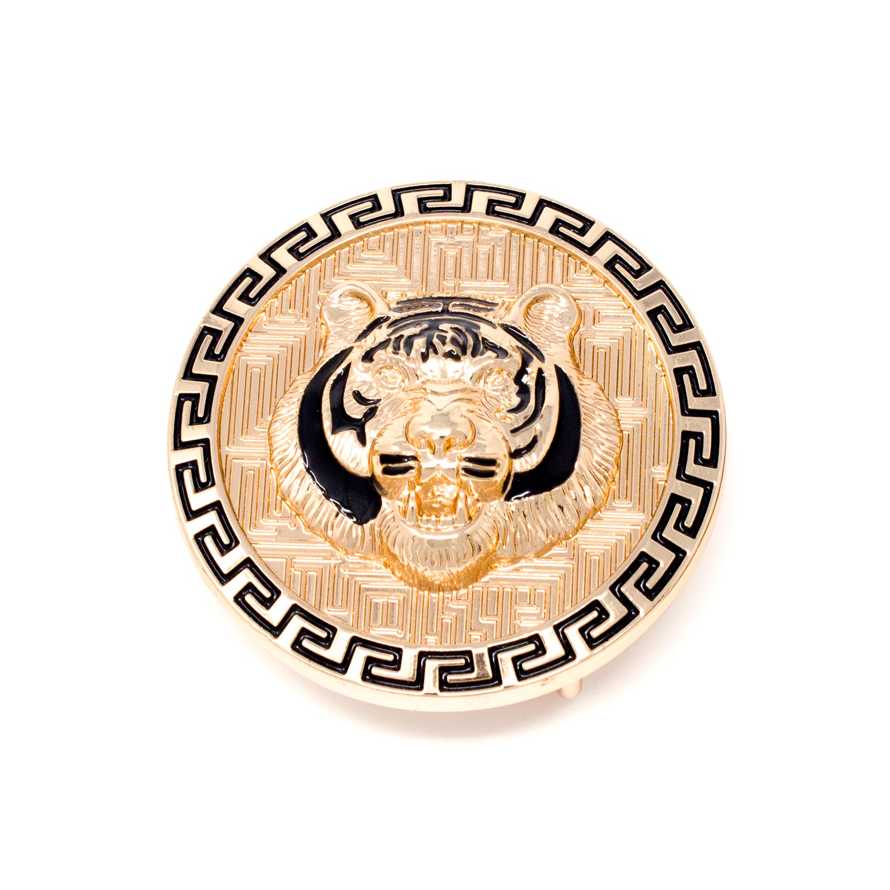 QHA Gold Tiger Head Round Belt Buckle, Black Greek Key Border Fits 38mm B21