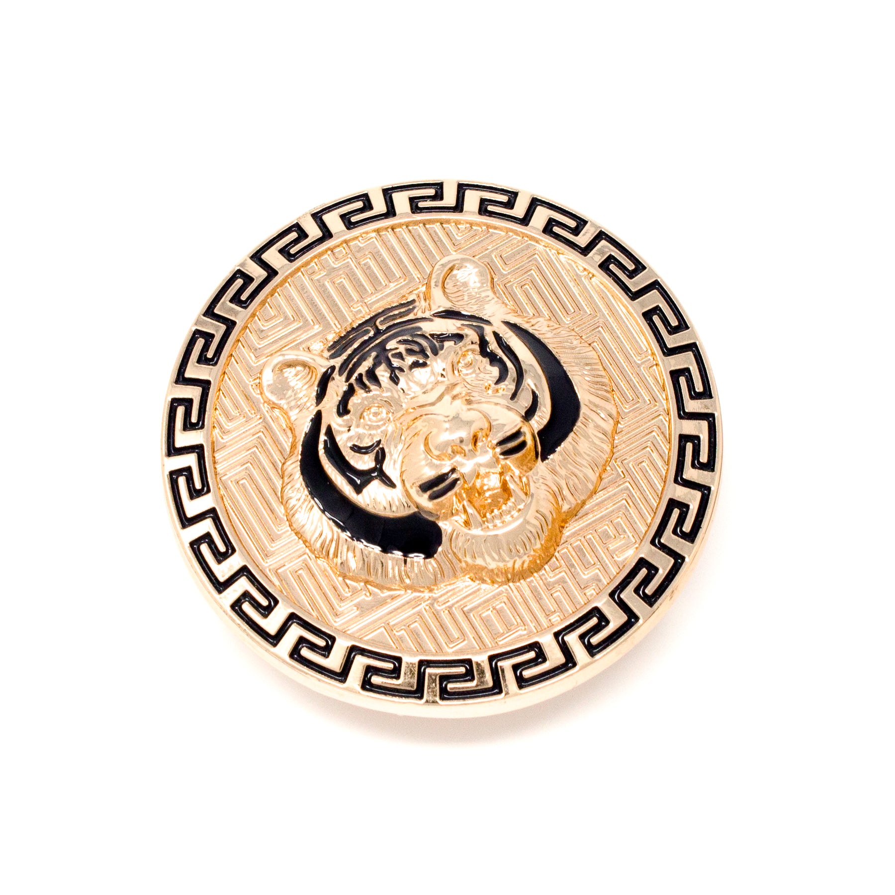 QHA Gold Tiger Head Round Belt Buckle, Black Greek Key Border Fits 38mm B21