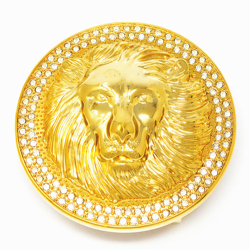 QHA Unisex Gold Lion Head Round Belt Buckle with Crystal Border Fits 38mm B22