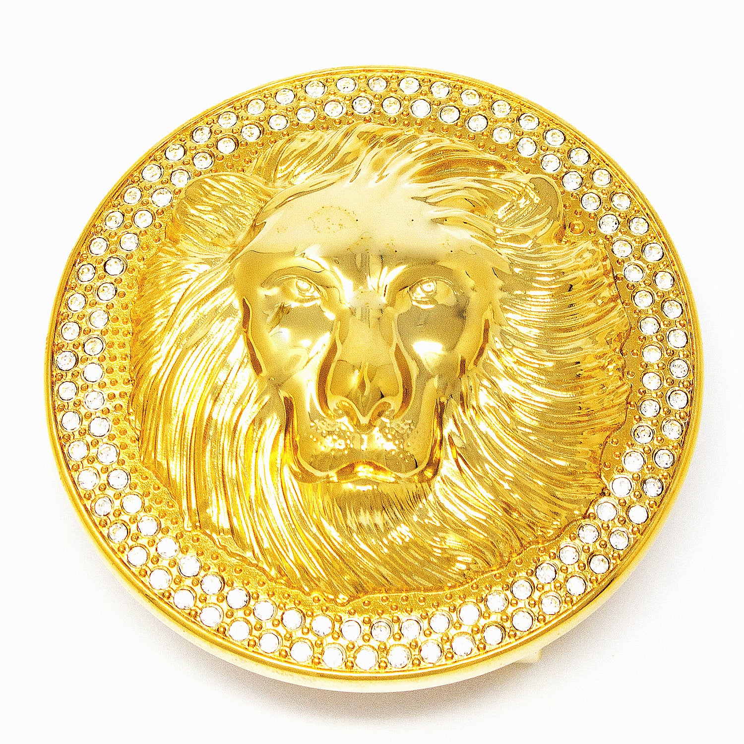 QHA Unisex Gold Lion Head Round Belt Buckle with Crystal Border Fits 38mm B22