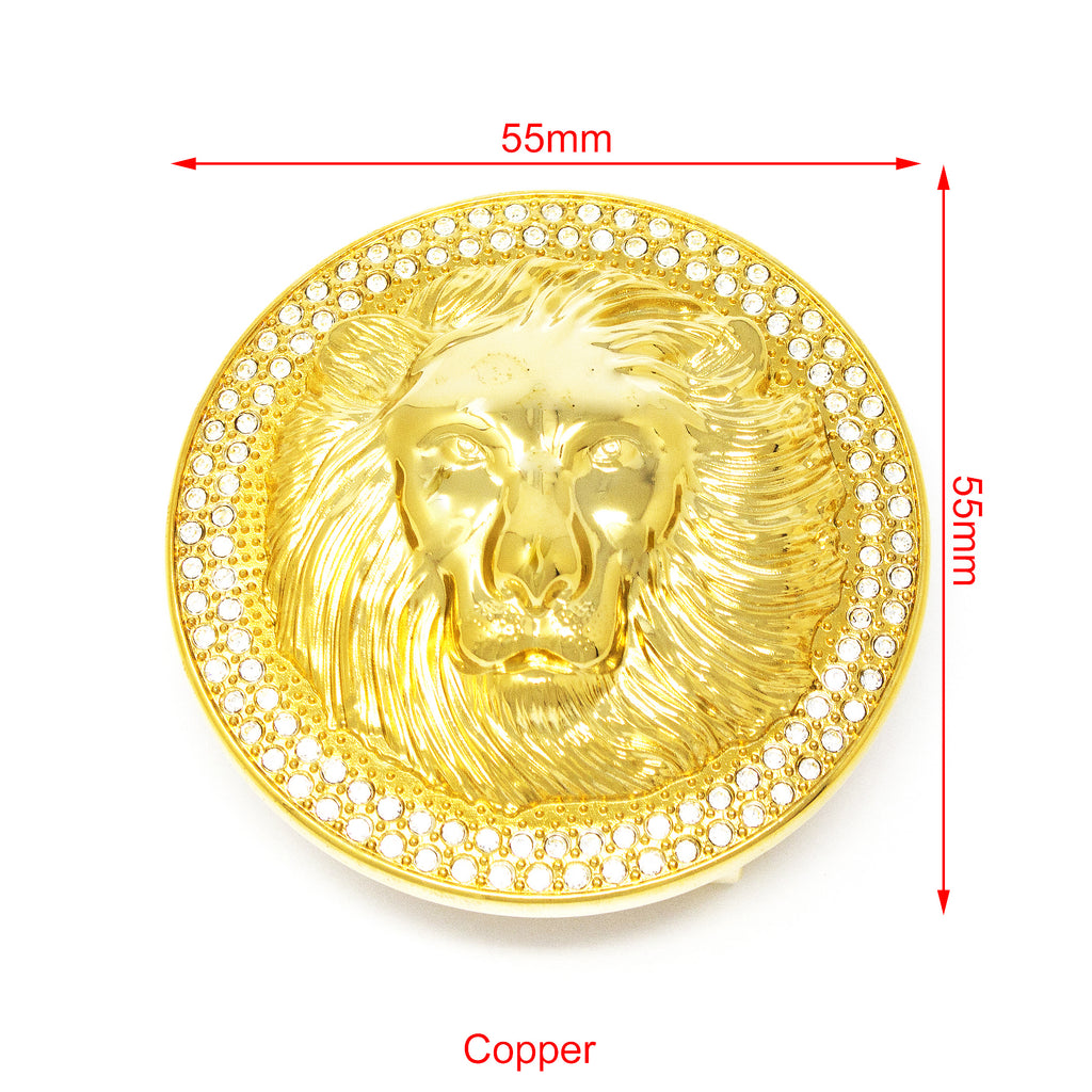 QHA Unisex Gold Lion Head Round Belt Buckle with Crystal Border Fits 38mm B22