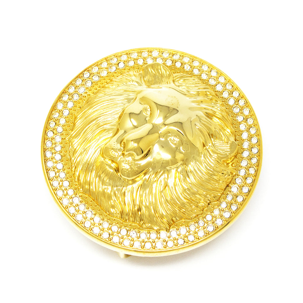 QHA Unisex Gold Lion Head Round Belt Buckle with Crystal Border Fits 38mm B22