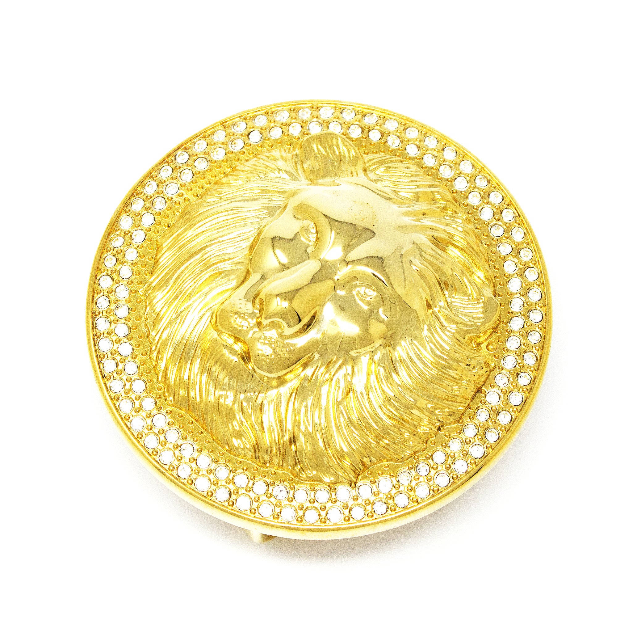 QHA Unisex Gold Lion Head Round Belt Buckle with Crystal Border Fits 38mm B22