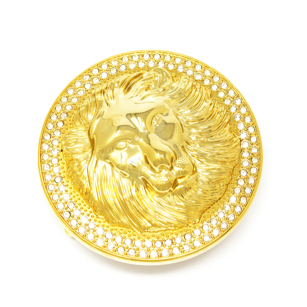 QHA Unisex Gold Lion Head Round Belt Buckle with Crystal Border Fits 38mm B22