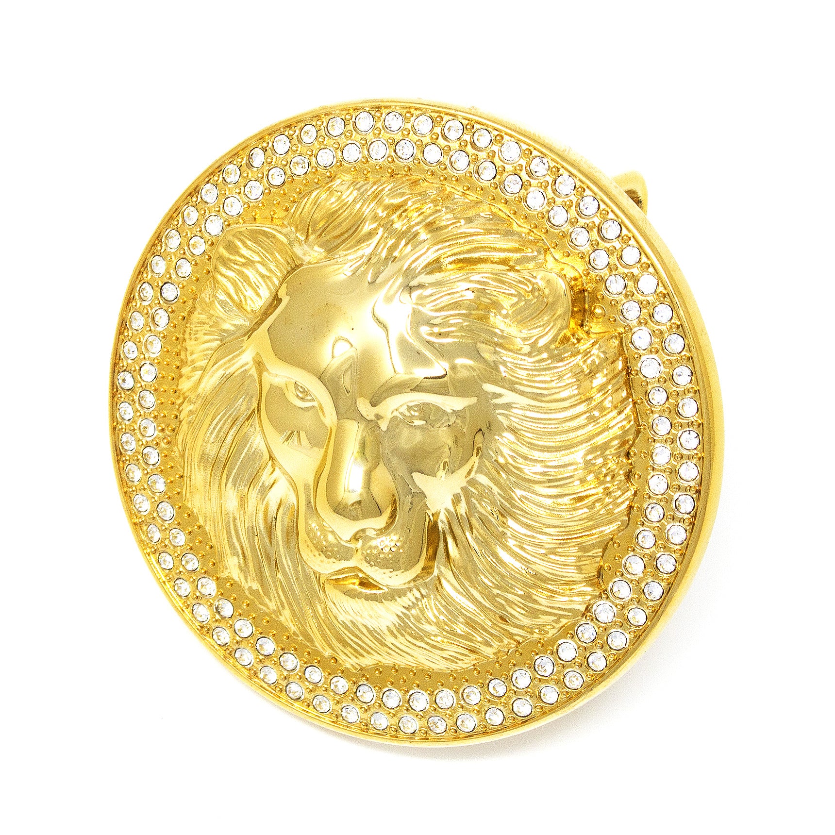 QHA Unisex Gold Lion Head Round Belt Buckle with Crystal Border Fits 38mm B22