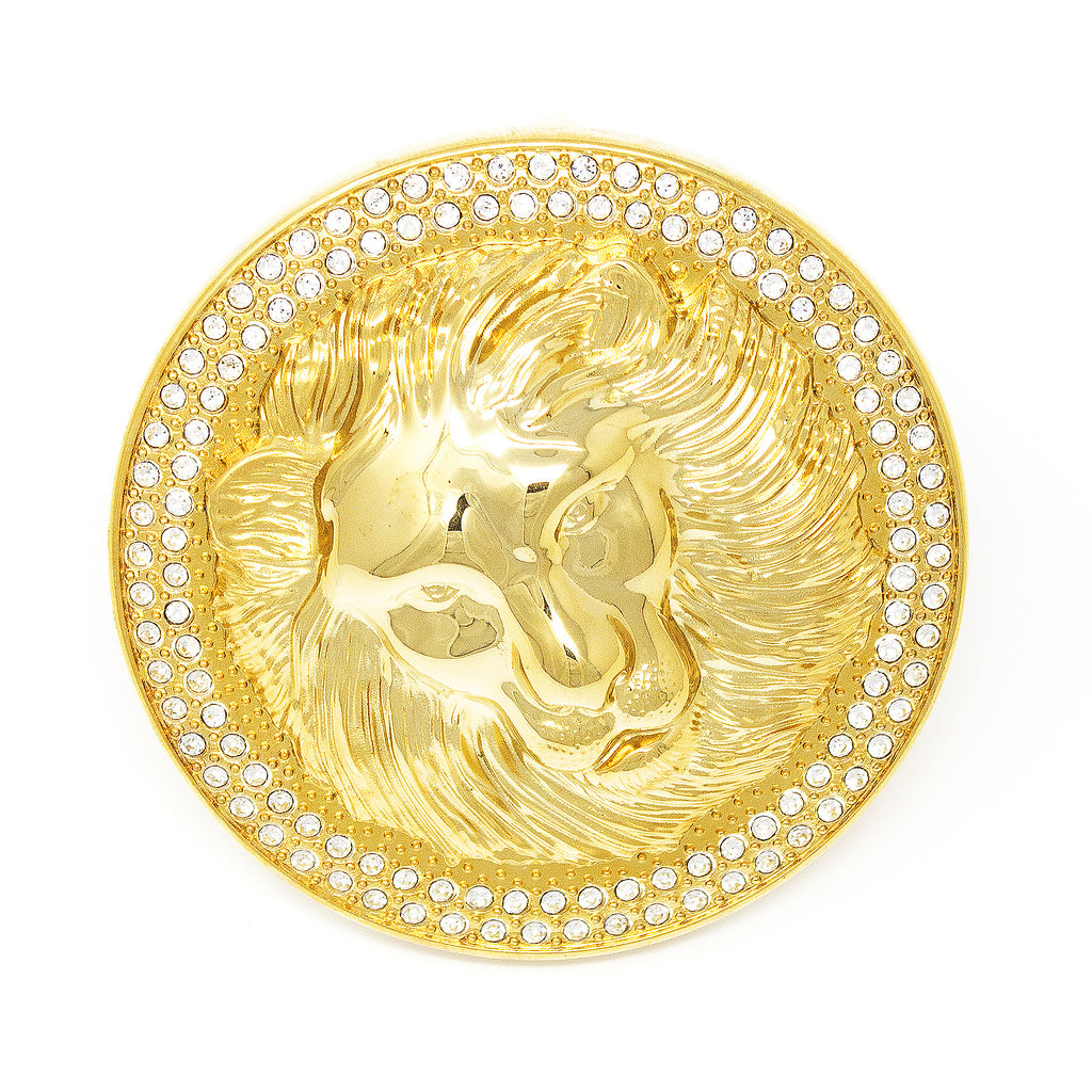 QHA Unisex Gold Lion Head Round Belt Buckle with Crystal Border Fits 38mm B22