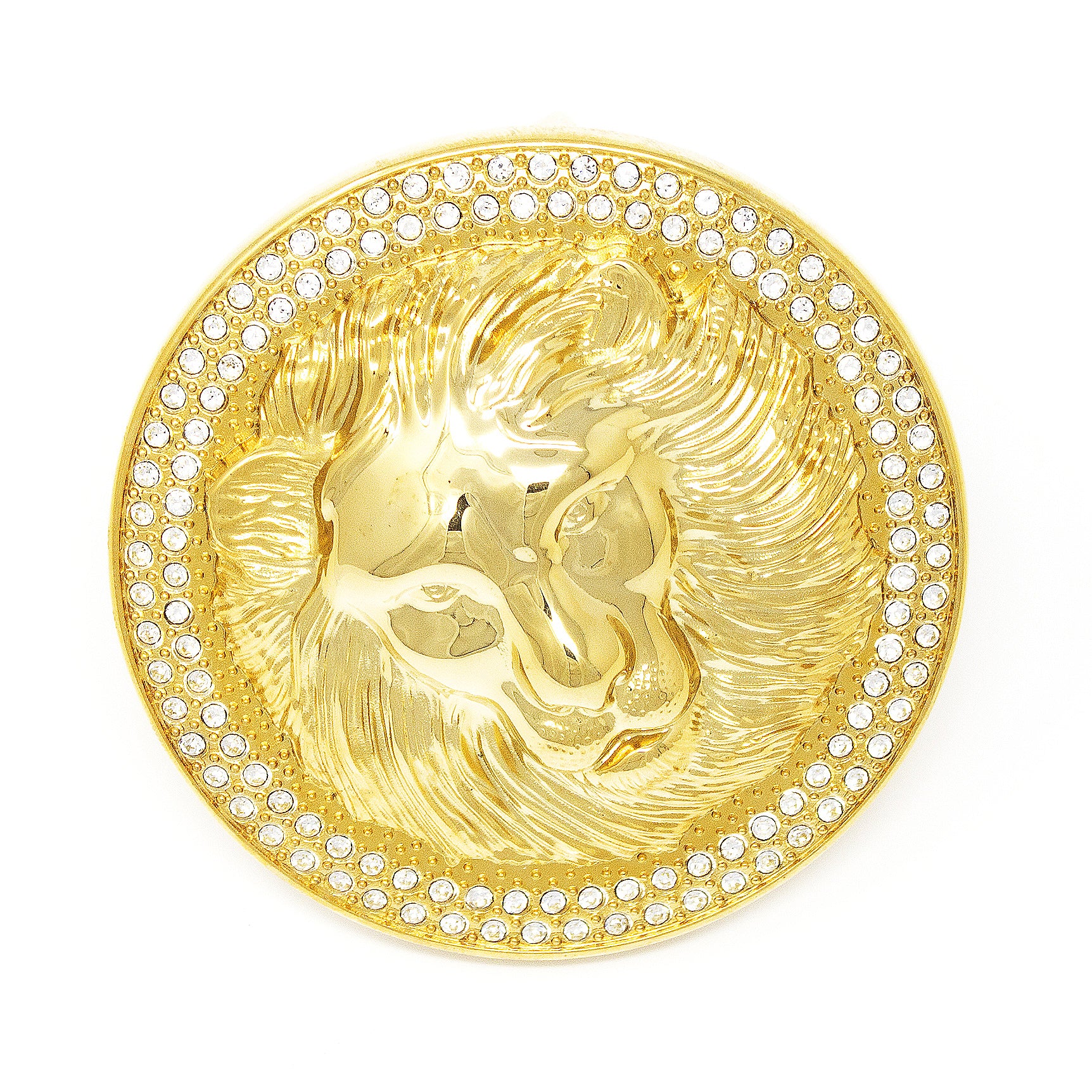 QHA Unisex Gold Lion Head Round Belt Buckle with Crystal Border Fits 38mm B22