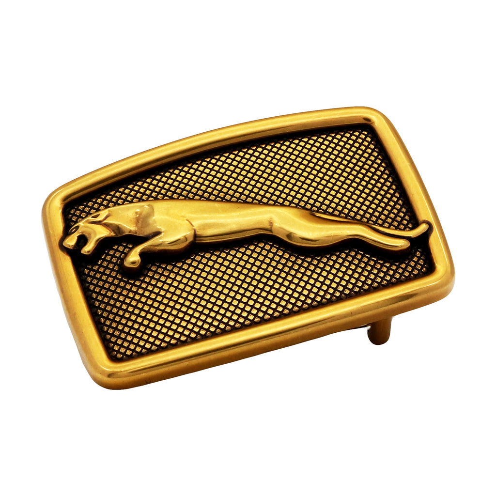 QHA Mens Gold Leopard Head Belt Buckle, Greek Key Border Fits 38mm B23