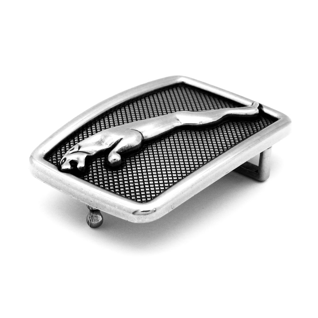 QHA Mens Silver Leopard Belt Buckle, Greek Key Border Fits 38mm B24