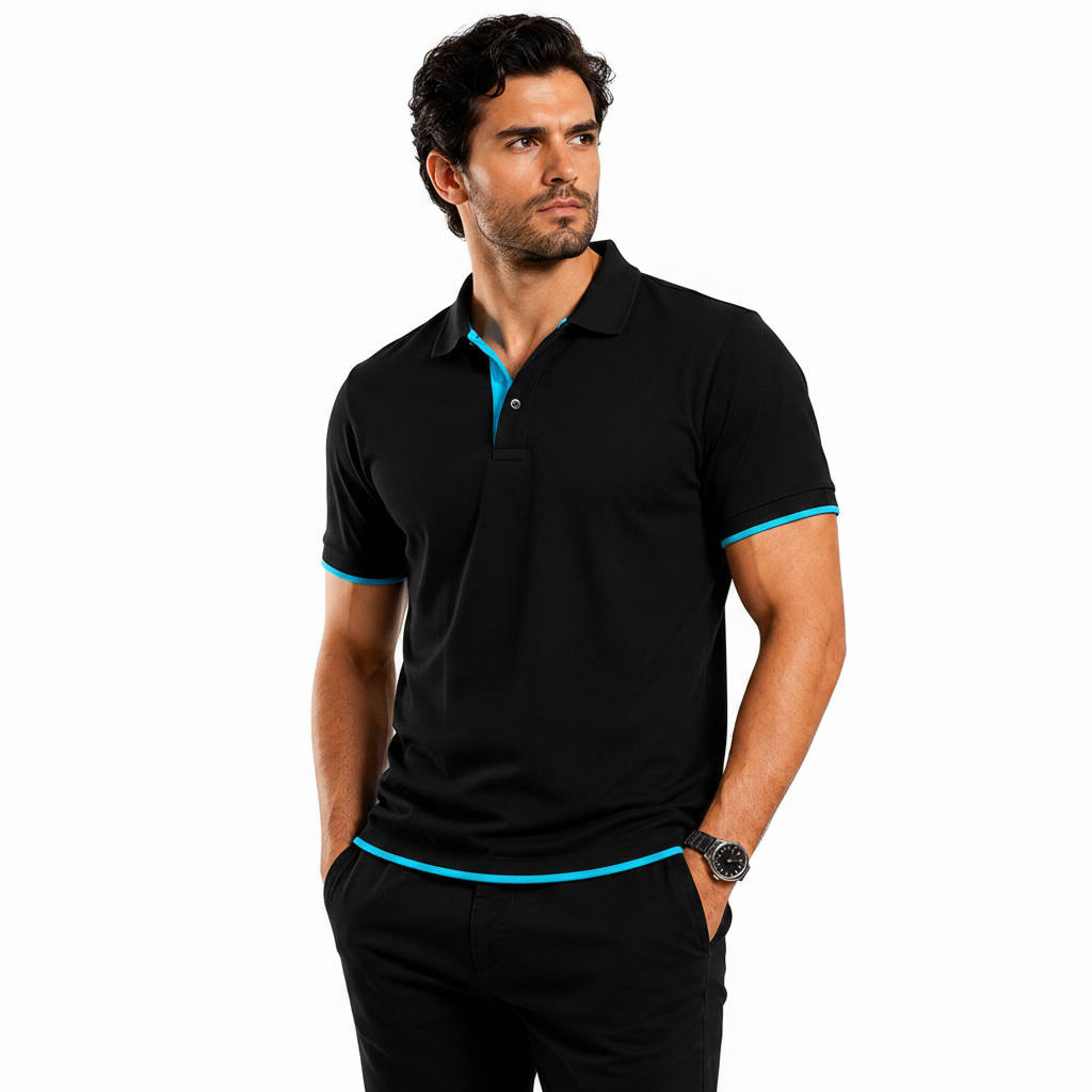 Man wearing a black polo shirt with blue accents, promotional text about men's premium polo shirt features.
