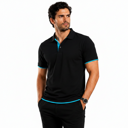 Man wearing a black polo shirt with blue accents, promotional text about men's premium polo shirt features.