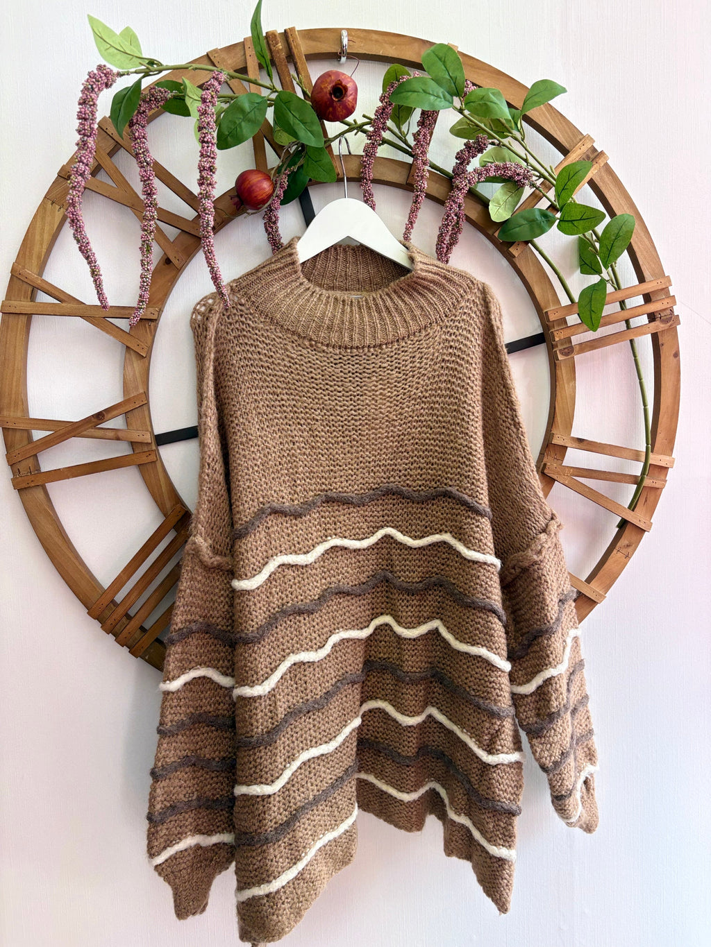 Luxtyle Chunky Stripe Knit Jumper – Ecru, Camel & Khaki – One Size (up to 18)