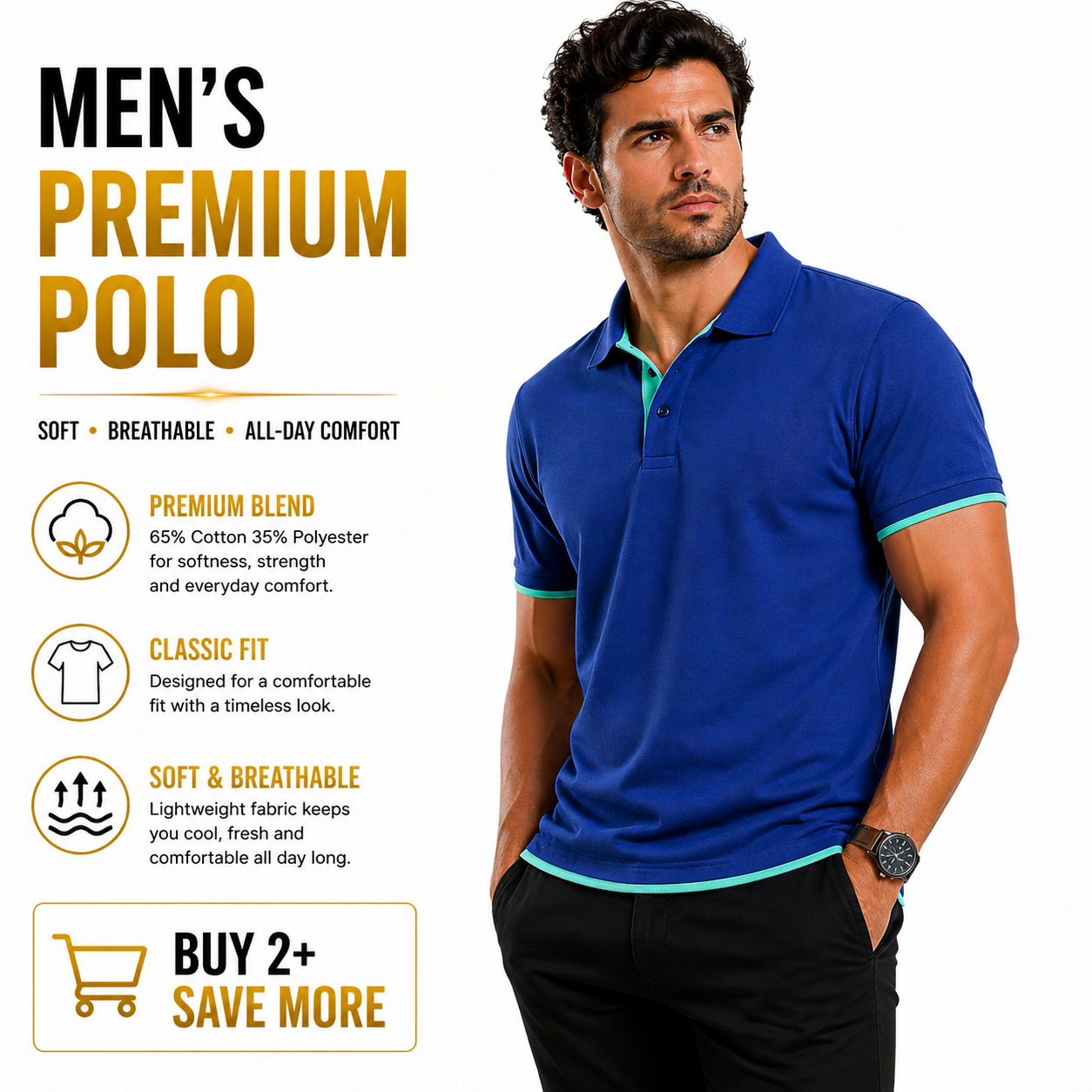 Mens Polo Shirt Cotton Blend Contrast Collar Short Sleeve Casual Work Top S-2XL