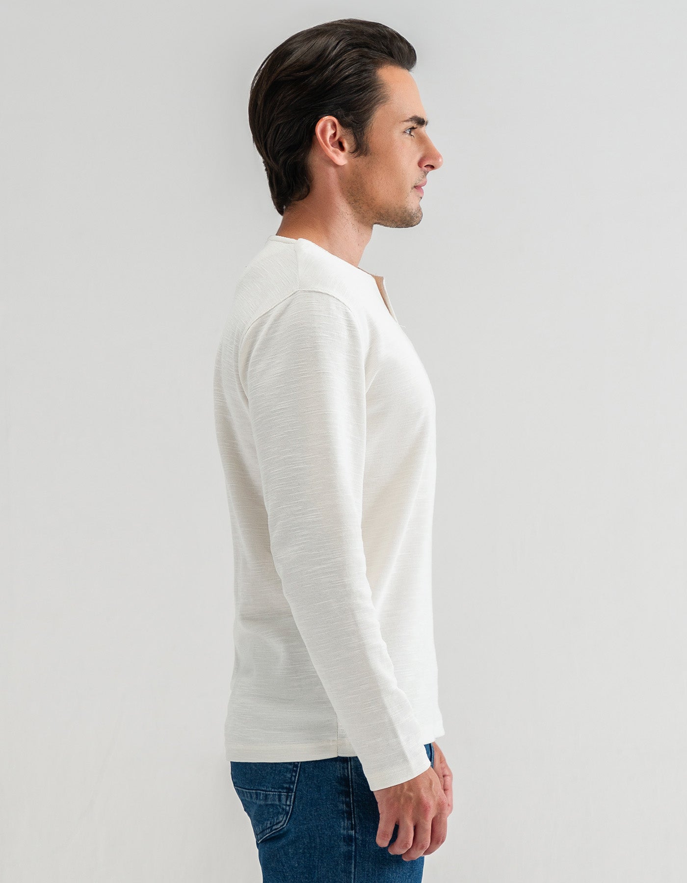 Off White Long Sleeve Textured Crew Neck T-Shirt